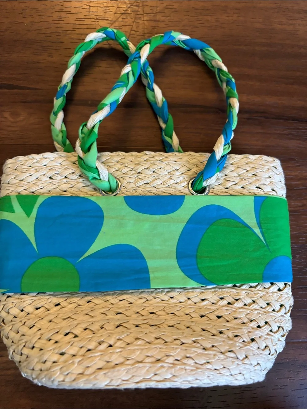 Braided Handle Straw Tote with Green & Blue Bow Accent